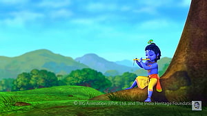 Baby Krishna Playing Flute Under Tree in Green Hills HD wallpaper