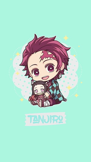Chibi Tanjiro Kamado and Nezuko from Demon Slayer in a Cute Embrace HD phone wallpaper