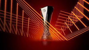 UEFA Europa League Trophy with Dynamic Orange Geometric Lines on Dark Red Background HD wallpaper