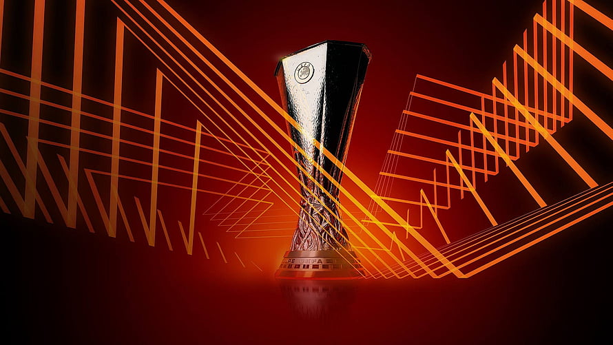 UEFA Europa League Trophy with Dynamic Orange Geometric Lines on Dark Red Background HD wallpaper