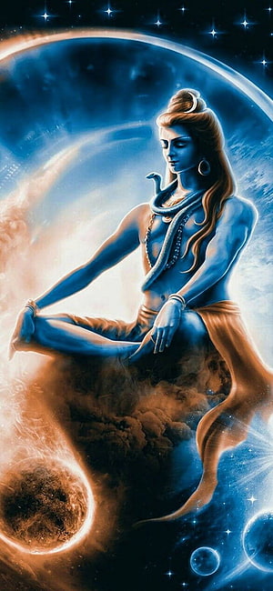 Blue Skanda Meditating in Space with Cosmic Planets and Stars HD phone wallpaper