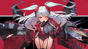 Prinz Eugen from Azur Lane in Red and Black Combat Gear with Long White Hair HD wallpaper