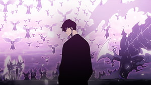 Sung Jin Woo Solo Leveling Anime Character Silhouette with Winged Figures and Purple Sky HD wallpaper