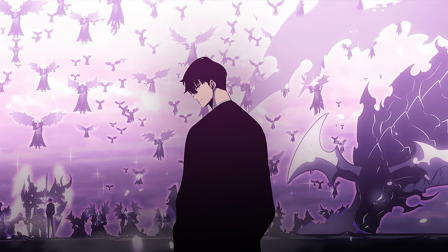 Sung Jin Woo Solo Leveling Anime Character Silhouette with Winged Figures and Purple Sky HD wallpaper