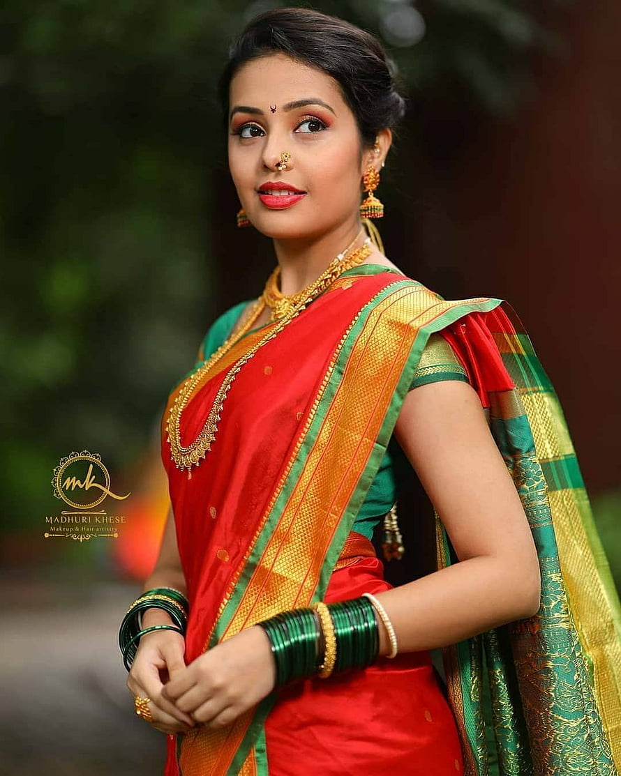 Elegant Woman in Traditional Red and Green Silk Saree with Gold Jewelry, Marathi girls, #marathi girl HD phone wallpaper