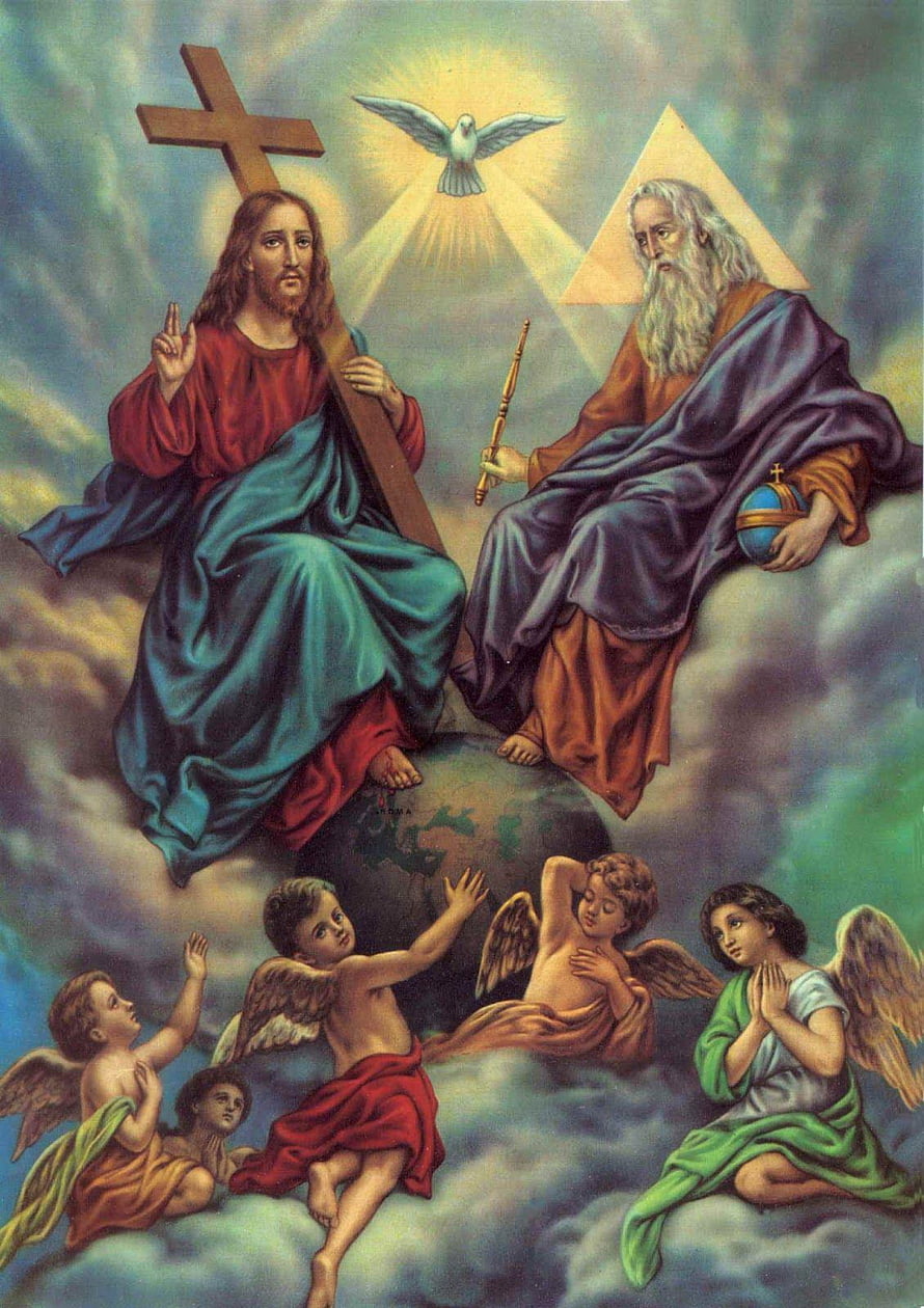 Holy Trinity Christian Art Featuring Jesus, God The Father, And The Holy Spirit With Angels HD phone wallpaper