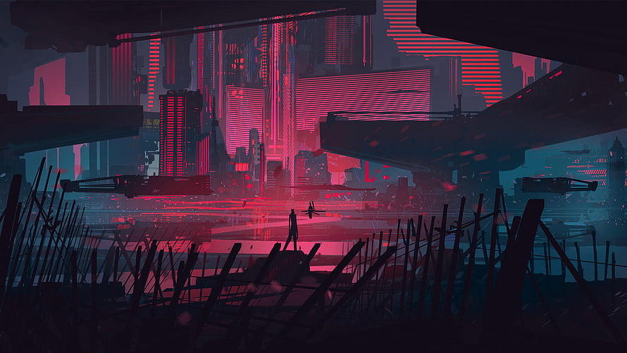 Cyberpunk Cityscape with Neon Red and Blue Lights and Silhouetted Figure HD wallpaper