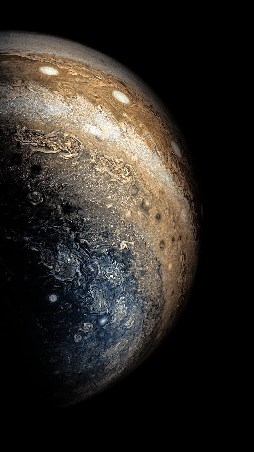 Jupiter Gas Giant Planet Close-Up with Swirling Cloud Bands and Storms in Deep Space HD phone wallpaper