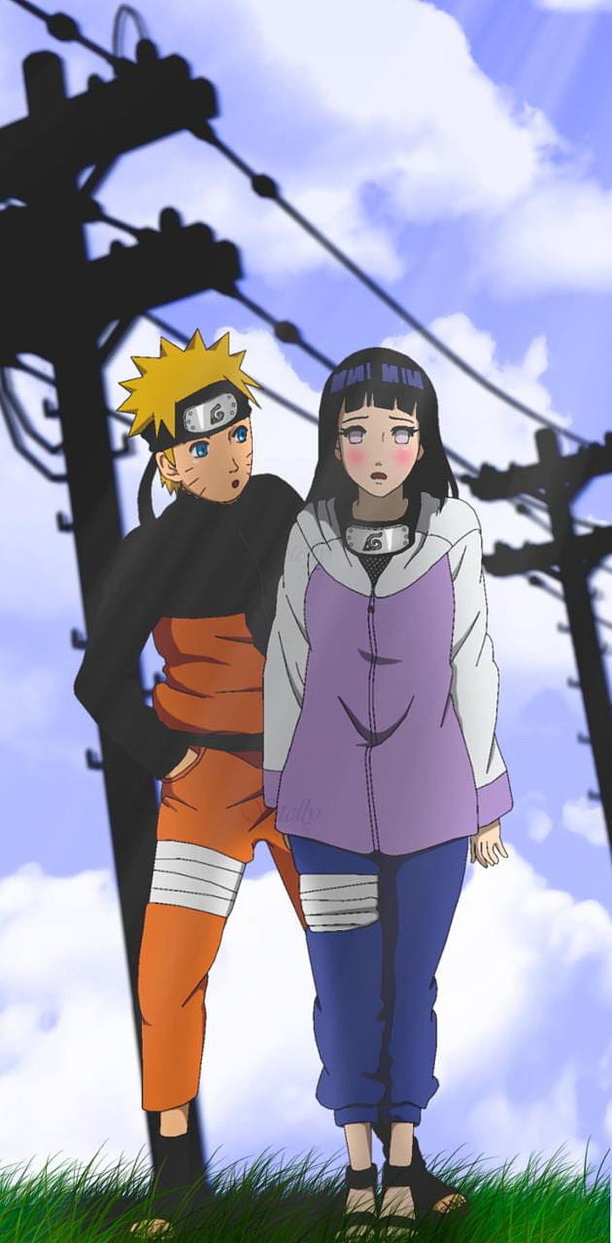 Naruto Uzumaki and Hinata Hyuga standing together under power lines in anime style HD phone wallpaper