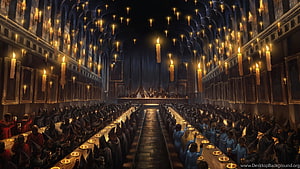 Harry Potter Great Hall Feast Scene with Floating Candles and Hogwarts Students HD wallpaper