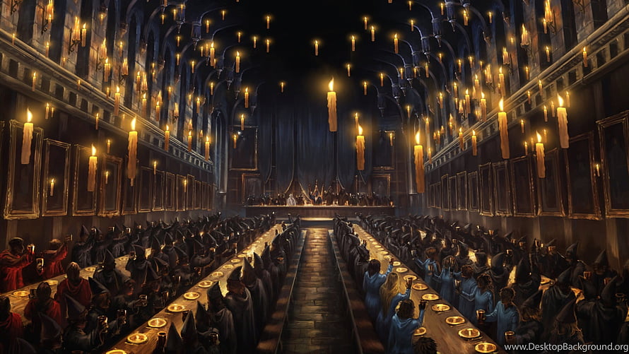 Harry Potter Great Hall Feast Scene with Floating Candles and Hogwarts Students HD wallpaper