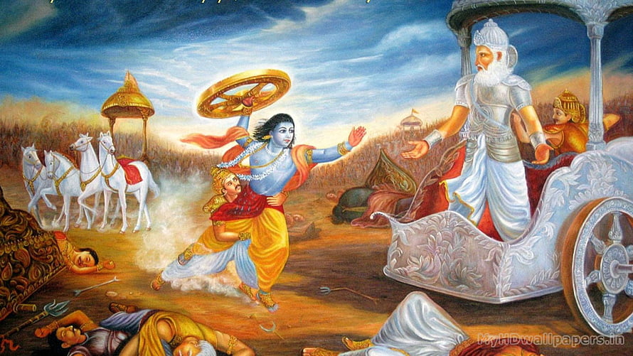 Krishna and Arjuna on the Battlefield of Kurukshetra from the Mahabharata HD wallpaper