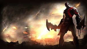 Kratos from God of War standing with Blades of Chaos in a fiery battlefield HD wallpaper