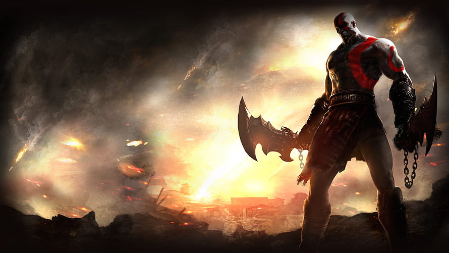 Kratos from God of War standing with Blades of Chaos in a fiery battlefield HD wallpaper