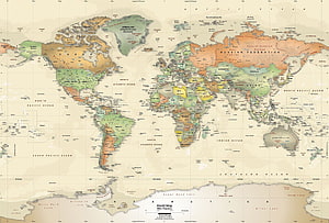 Vintage World Map with Muted Pastel Country Colors and Detailed Geographic Labels HD wallpaper