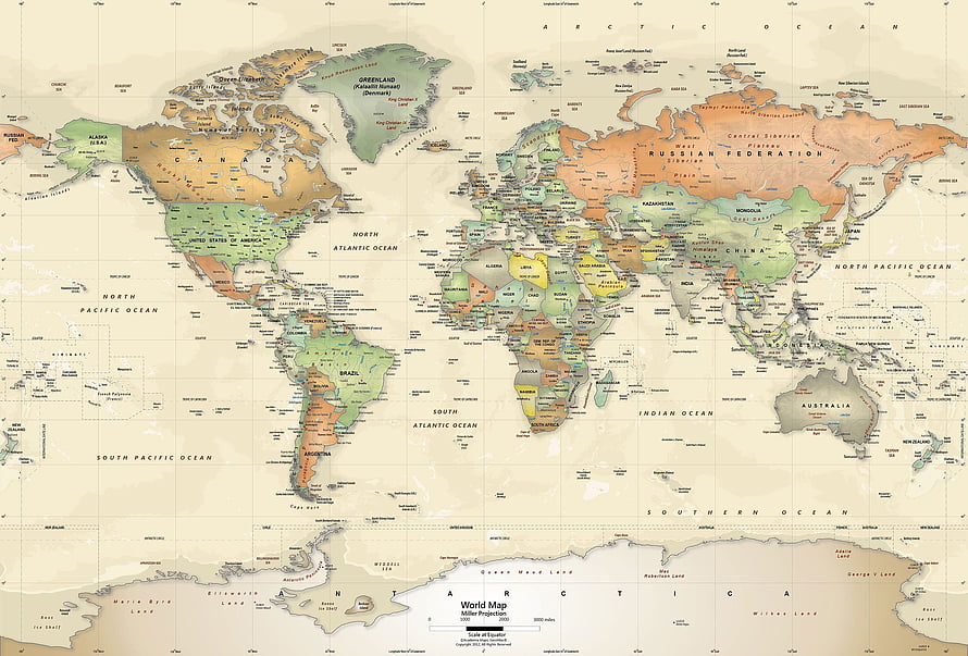 Vintage World Map with Muted Pastel Country Colors and Detailed Geographic Labels HD wallpaper
