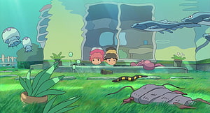Ponyo and Sosuke Watching Sea Creatures in Underwater Garden Scene HD wallpaper