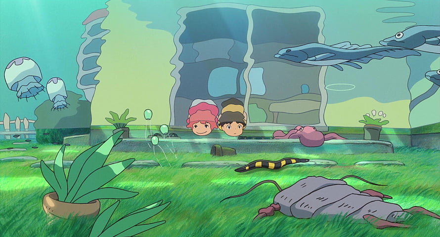 Ponyo and Sosuke Watching Sea Creatures in Underwater Garden Scene HD wallpaper