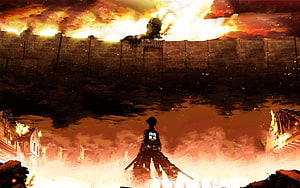 Attack on Titan Eren Yeager Faces Colossal Titan at Wall Rose HD wallpaper