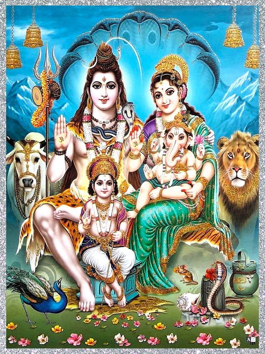 Lord Shiva Family Portrait with Parvati, Ganesha, and Kartikeya in Himalayan Setting HD phone wallpaper