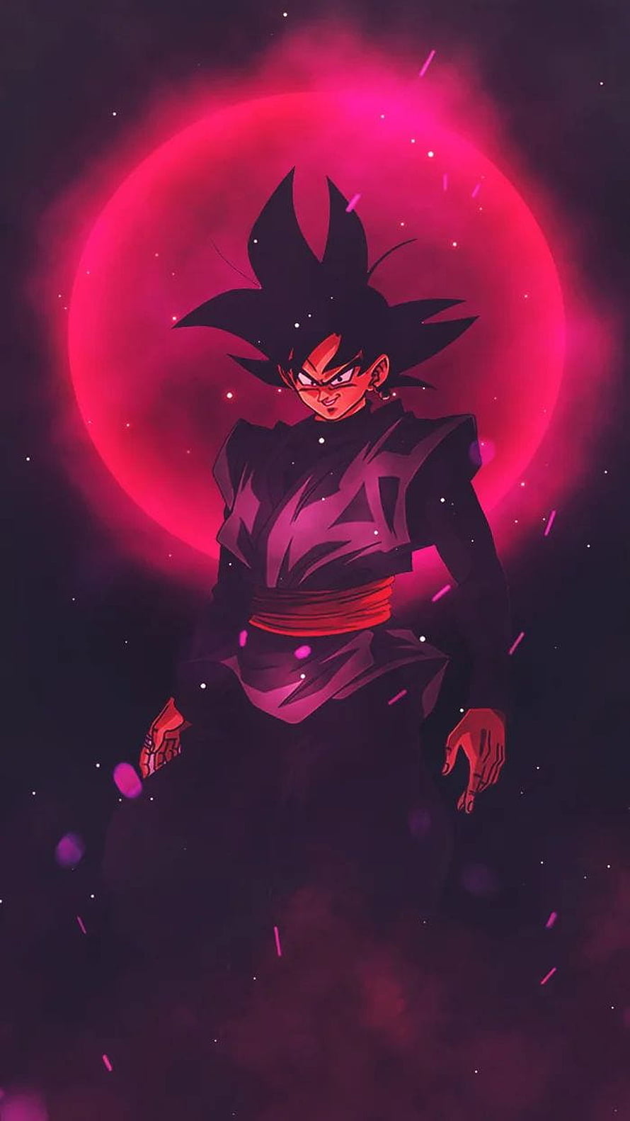Goku Black Anime Character Standing Before a Glowing Crimson Moon in a Dark Cosmic Setting HD phone wallpaper