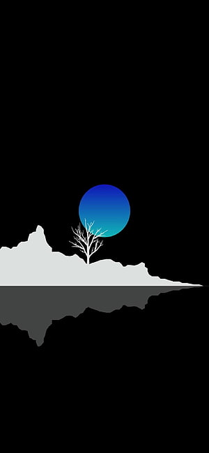 Minimalist Bare Tree and Blue Moon Over Snowy Ridge with Water Reflection HD phone wallpaper