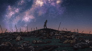 Violet Evergarden Anime Wallpaper - Soldier Standing Amidst Fallen Comrades Under Starry Night Sky HD wallpaper