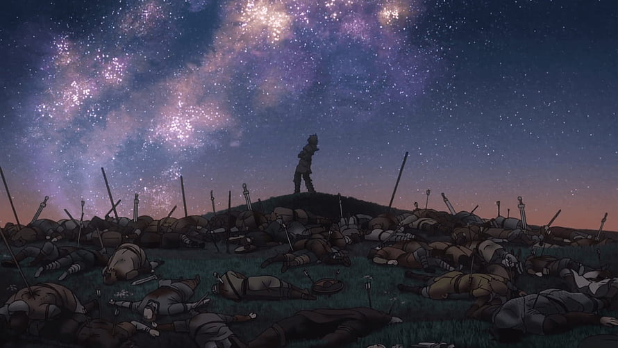 Violet Evergarden Anime Wallpaper - Soldier Standing Amidst Fallen Comrades Under Starry Night Sky HD wallpaper