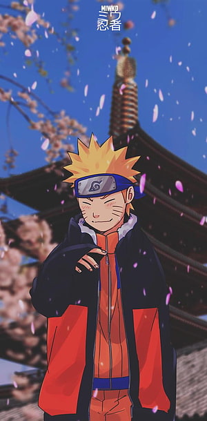 Naruto Uzumaki Smiling Under Falling Cherry Blossoms in Anime Style HD phone wallpaper