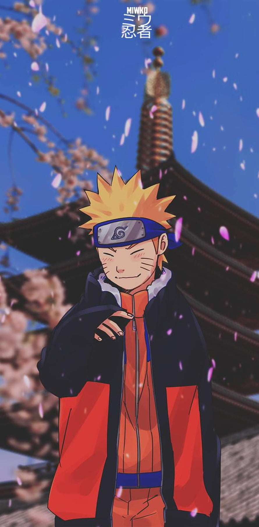 Naruto Uzumaki Smiling Under Falling Cherry Blossoms in Anime Style HD phone wallpaper