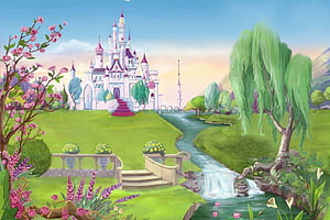 Disney Princess Castle in a Lush Spring Garden with Flowing Stream and Blossoming Trees HD wallpaper