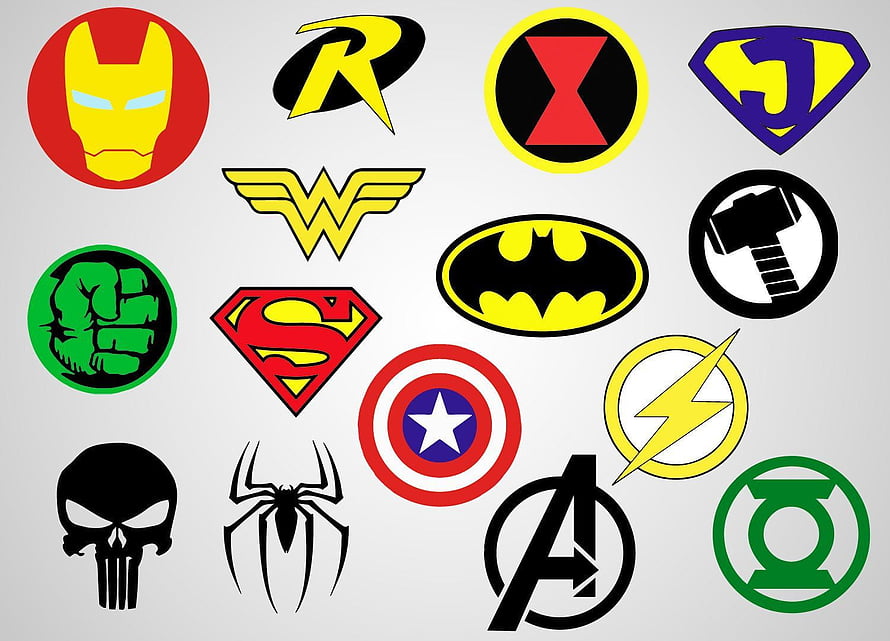 Collection of iconic Marvel and DC superhero emblems and symbols on a light gray background HD wallpaper