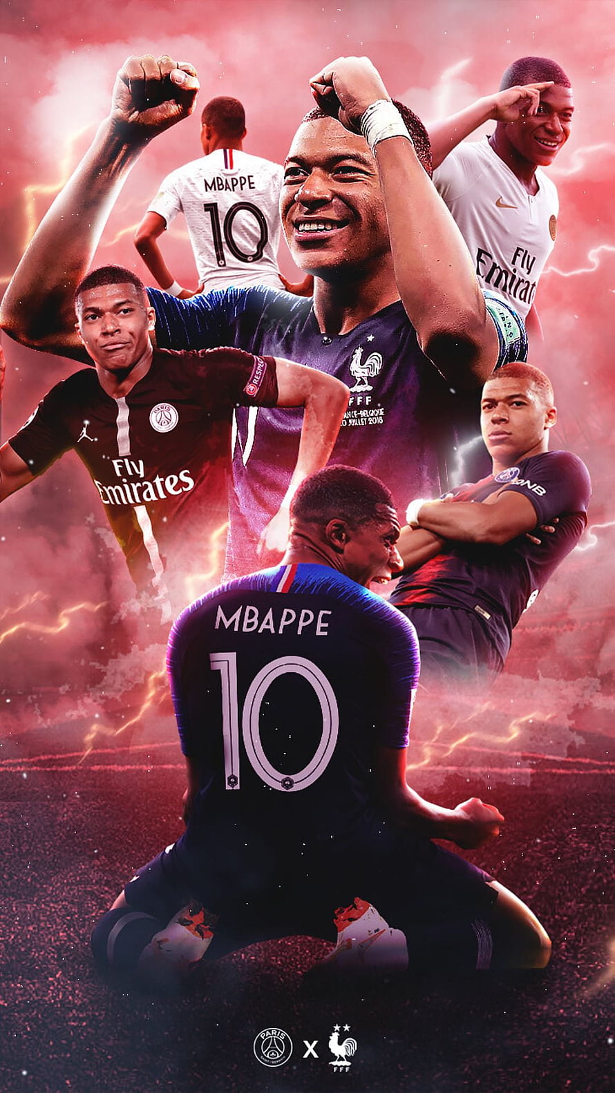 Kylian Mbappe Football Player Collage in Paris Saint-Germain and France Kits HD phone wallpaper