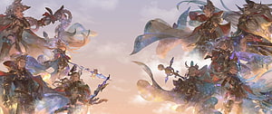 Juutenshu Fantasy Characters in Ethereal Clouds with Ornate Armor and Flowing Ribbons HD wallpaper