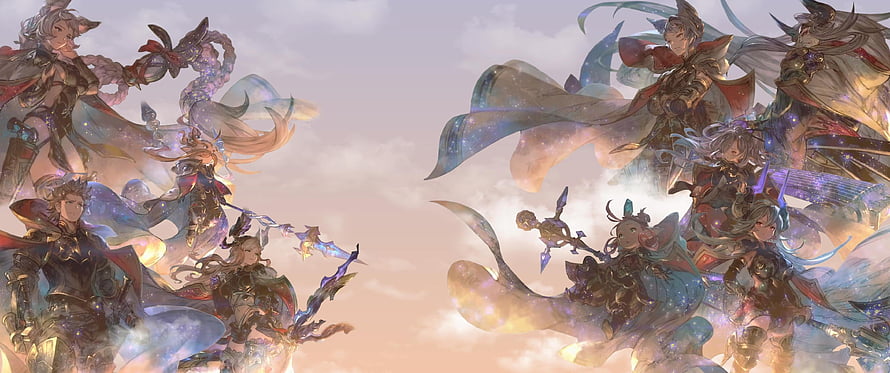 Juutenshu Fantasy Characters in Ethereal Clouds with Ornate Armor and Flowing Ribbons HD wallpaper