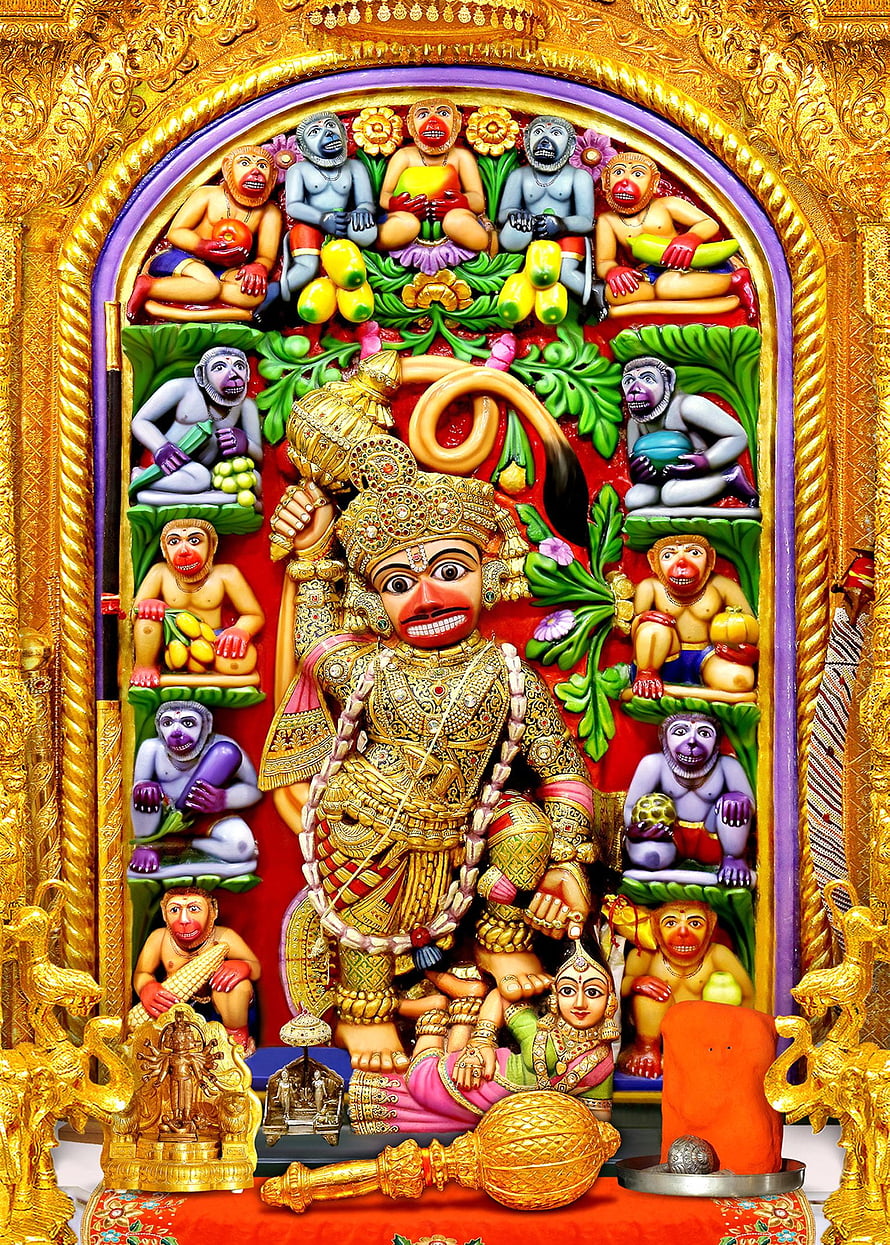 Vibrant Hanuman Statue Surrounded by Monkeys in Golden Temple Shrine, Sarangpur posted by Michelle Cunningham, kastbhanjan HD phone wallpaper