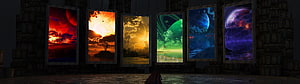Six Alien Planet Landscapes Displayed on Hanging Banners in a Dark Stone Hall HD wallpaper
