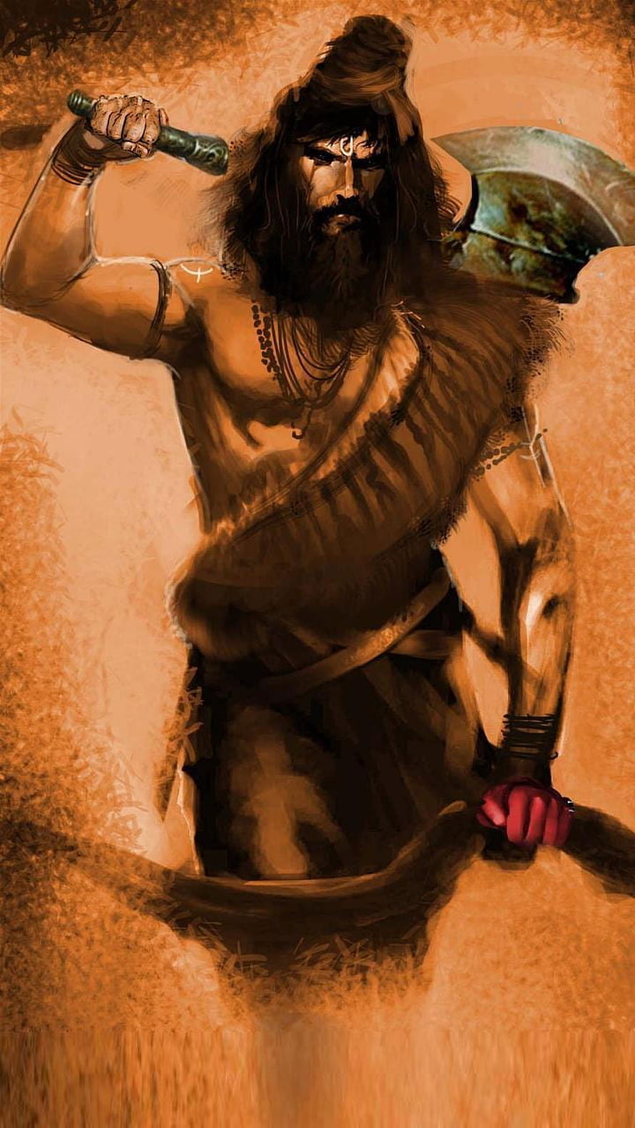 Illustration of a fierce warrior with an axe and tribal markings HD phone wallpaper
