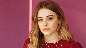 Josephine Langford Portrait in Red Beaded Top Against Pink Background HD wallpaper