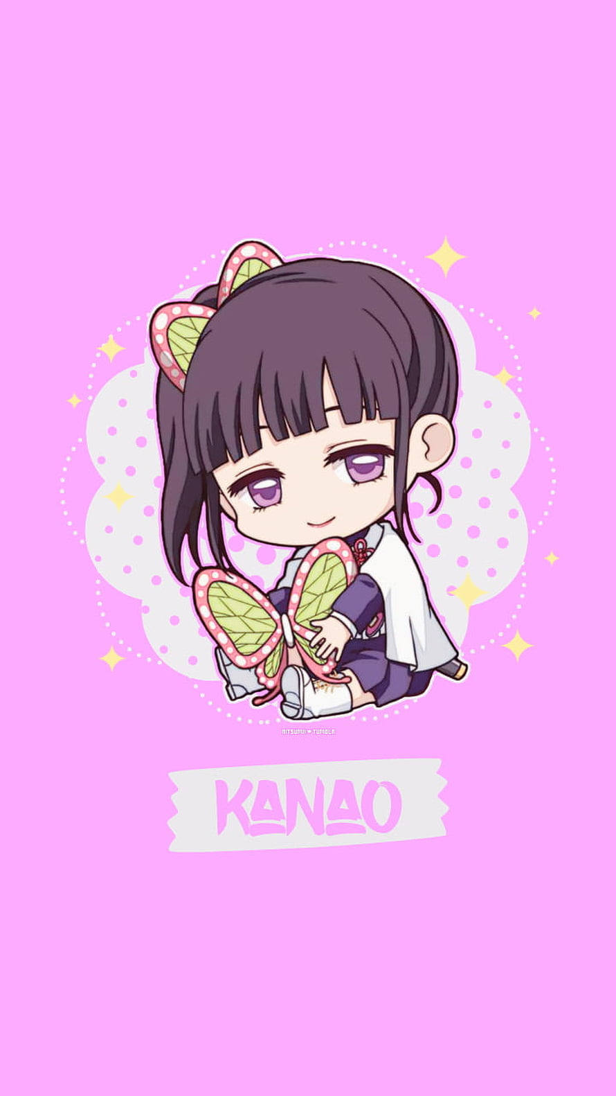 Kanao Tsuyuri Chibi Character from Demon Slayer with Butterfly Motif on Pink Background HD phone wallpaper