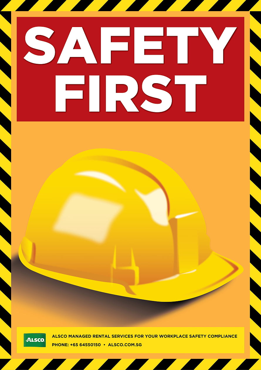 Yellow Hard Hat Safety First Poster with Hazard Stripes and Industrial Warning Design HD phone wallpaper