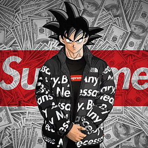Goku wearing streetwear jacket and Supreme shirt against a background of money HD phone wallpaper