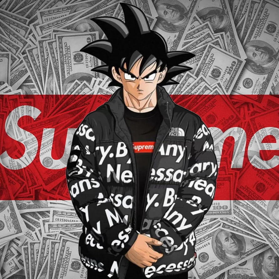 Goku wearing streetwear jacket and Supreme shirt against a background of money HD phone wallpaper