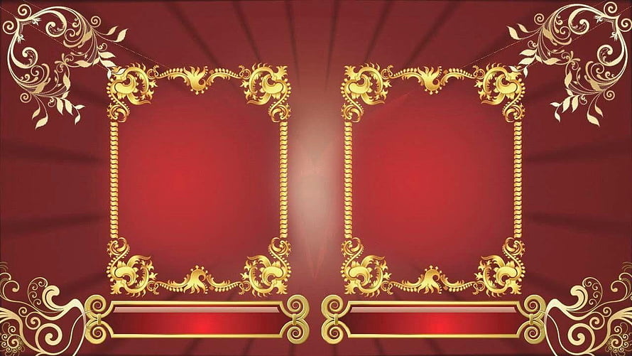 Elegant Gold Ornamental Frames on Deep Red Background for Wedding Invitations HD wallpaper