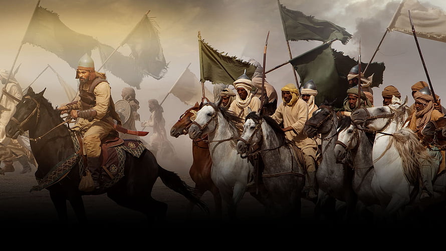 Khalid ibn al Walid Leading Cavalry Charge in Epic Historical Battle Scene HD wallpaper