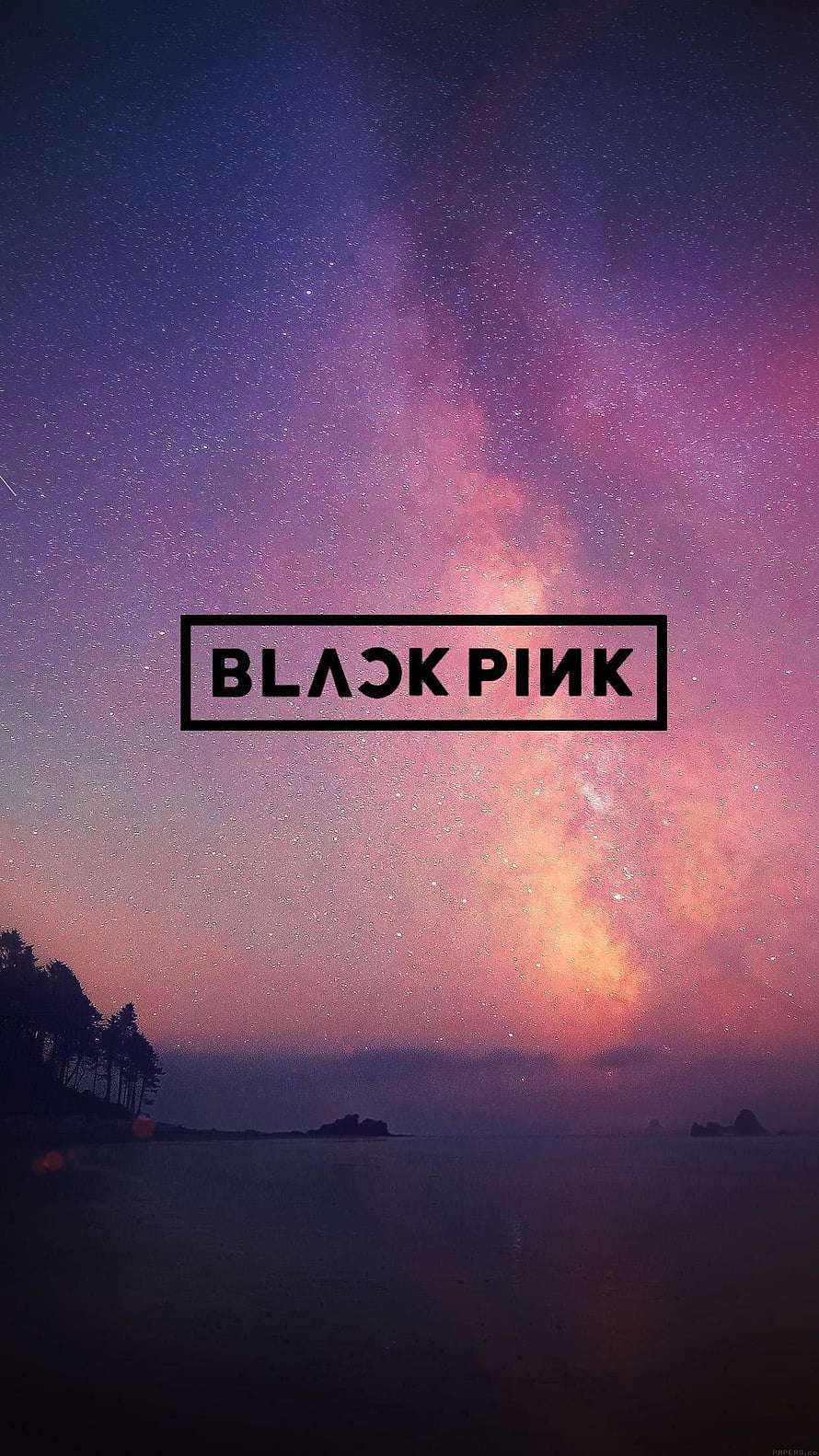 Blackpink Logo on Purple and Pink Milky Way Galaxy Sky Over Ocean HD phone wallpaper