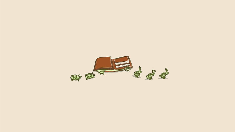 Minimalist Illustration of Open Wallet with Scattered Green Wrapped Candies on Beige Background HD wallpaper