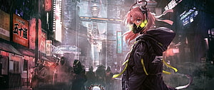 Cyberpunk Anime Girl in Rainy Neon City Street with Hooded Figures HD wallpaper