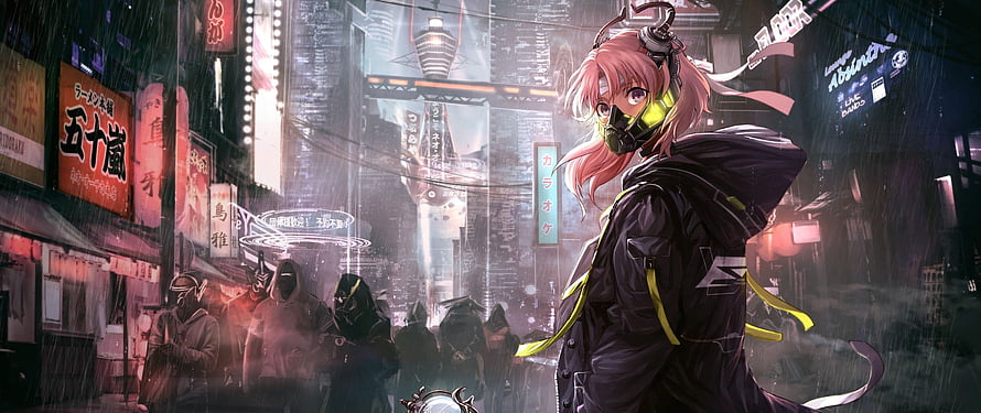 Cyberpunk Anime Girl in Rainy Neon City Street with Hooded Figures HD wallpaper