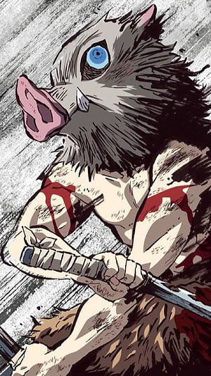 Inosuke Hashibira from Demon Slayer gripping a blade in intense battle HD phone wallpaper